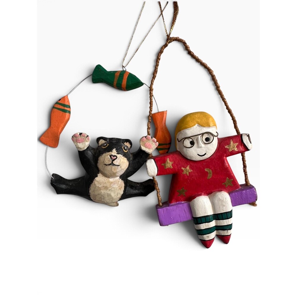 Cat and Girl Christmas Ornaments, Whimsical Folk Art Christmas Tree Ornaments